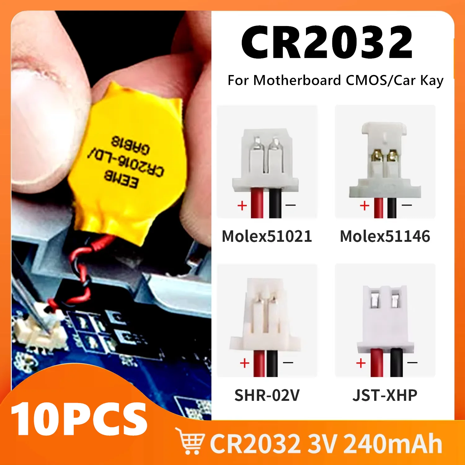 Original CR2032 Battery with Wire Leads 3V CMOS for Motherboard Laptop Replacement Button Cell Compatible with Lenovo Dell HP
