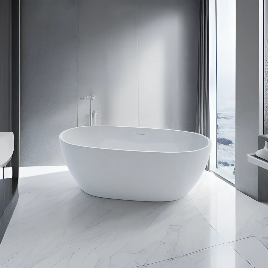

Modern Indoor Oval Shape White Freestanding Bathtub Whirlpool with Drainer Soaking for Apartment or Villa Bathroom