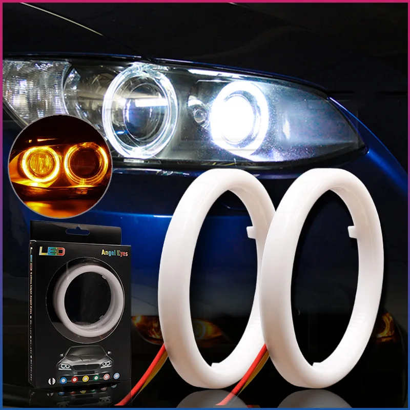 2PCS  COB Angel eye ring Fog lamp Aperture LED light guide 360 Devil eye ring white and yellow double color turn fog lamp