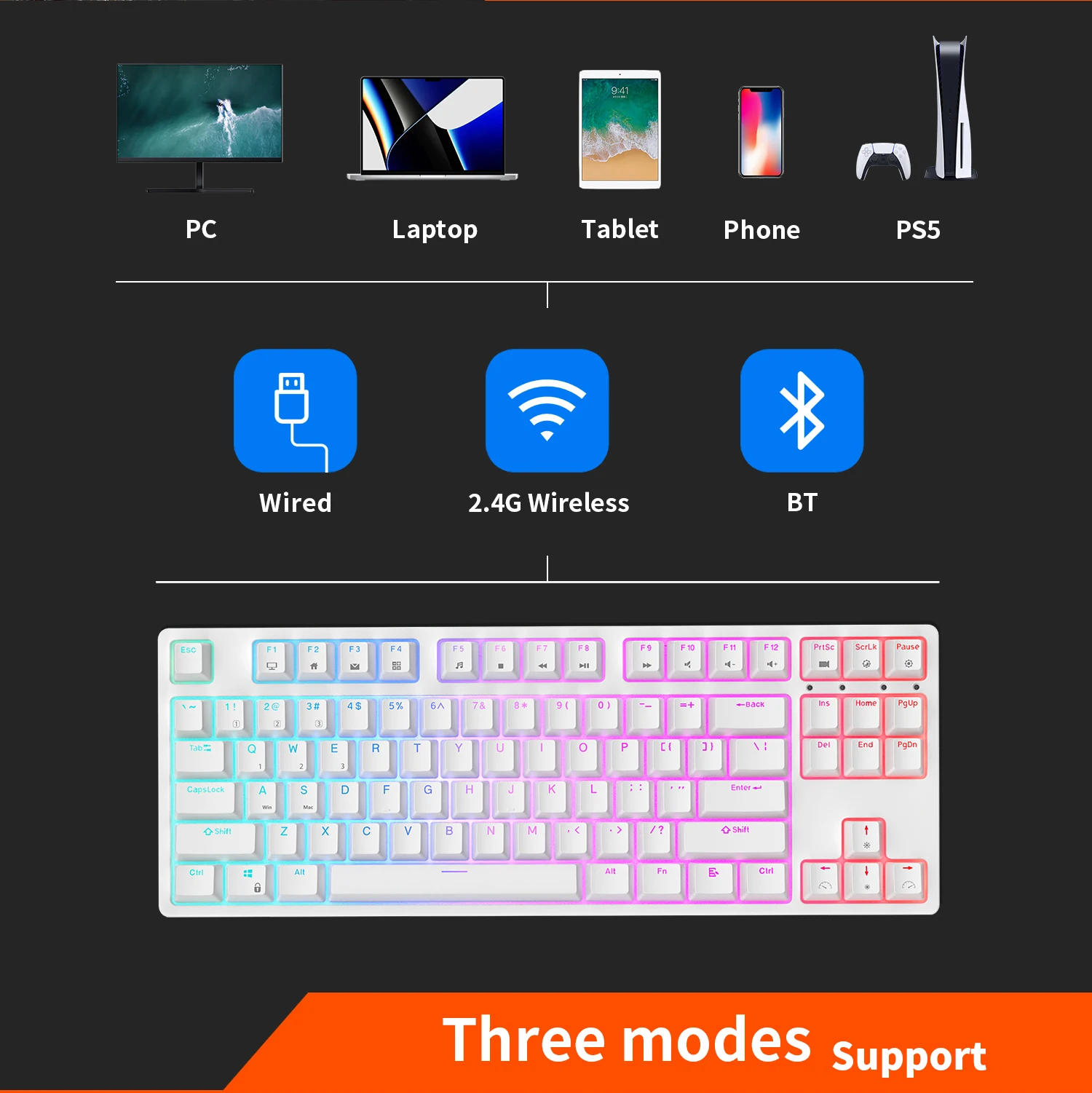 Imagem -02 - Real Kludge Teclado Mecânico sem Fio Tri-mode Bluetooth 5.0 2.4g Usb-c Rgb Backlit 87 Chave Hot-swappable Gamer Teclado Rk87