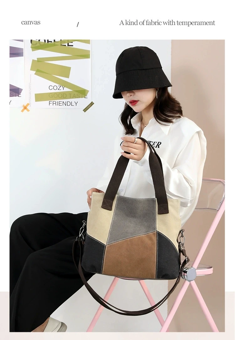 Women\'s New Simple and Fashionable Contrast Canvas Bag with Large Capacity Retro Spliced One Shoulder Handbag High end design