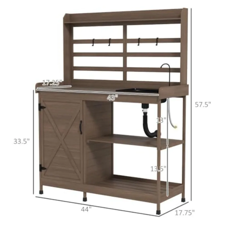 Potting Bench For Gardening Use, Made Of Wood, Natural Color, With Storage Compartment, Built-In Sink And Water Tap