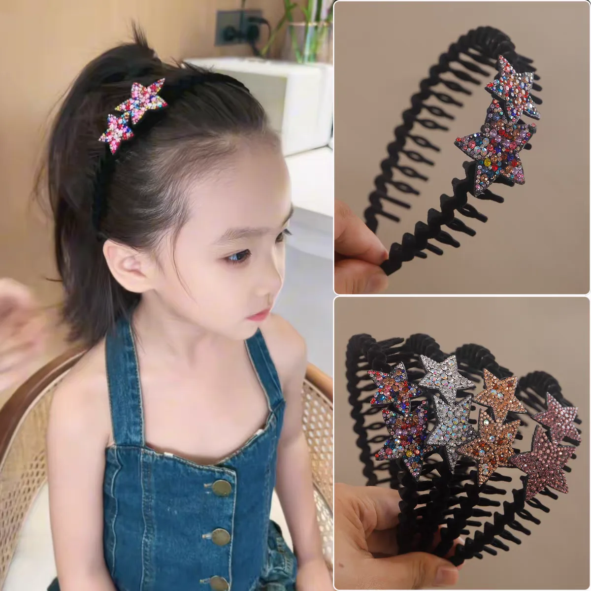 

Rhinestone Star Flocking Headband Women's Retro Bangs Arrangement Artifact with Hair Teeth Non-slip Headband Hair Accessories