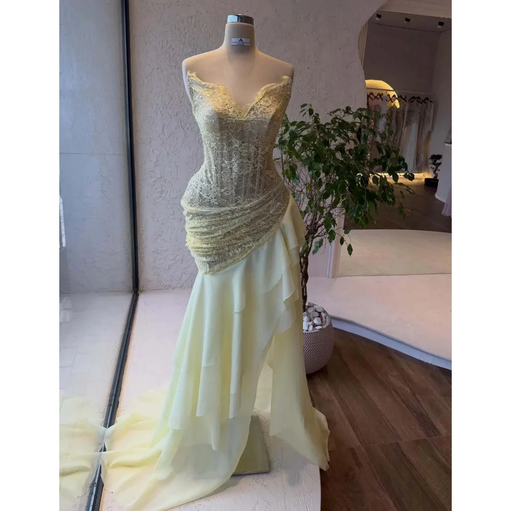 

Charming Yellow Prom Dresses Stunning Lace Sleeveless Women Evening Gowns Soft Chiffon Tiered Customized Formal Occasion Gowns