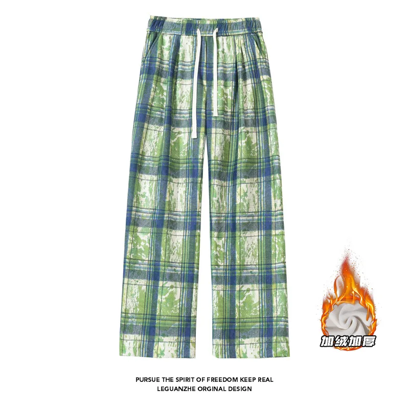 【Mirrordust】2025 Winter Plus Size Tie-Dye Plaid Fleece-Lined Pants Warm Japanese Style Casual Loose Long Pants for MenWomen M-5X