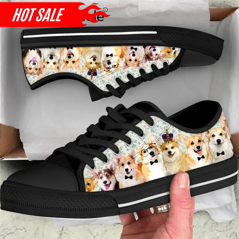 Doginthehole Women White Classic Canvas Shoes Cute Corgi Pattern Casual Flats All-match 2021 Autumn Girl Low Top Sneakers