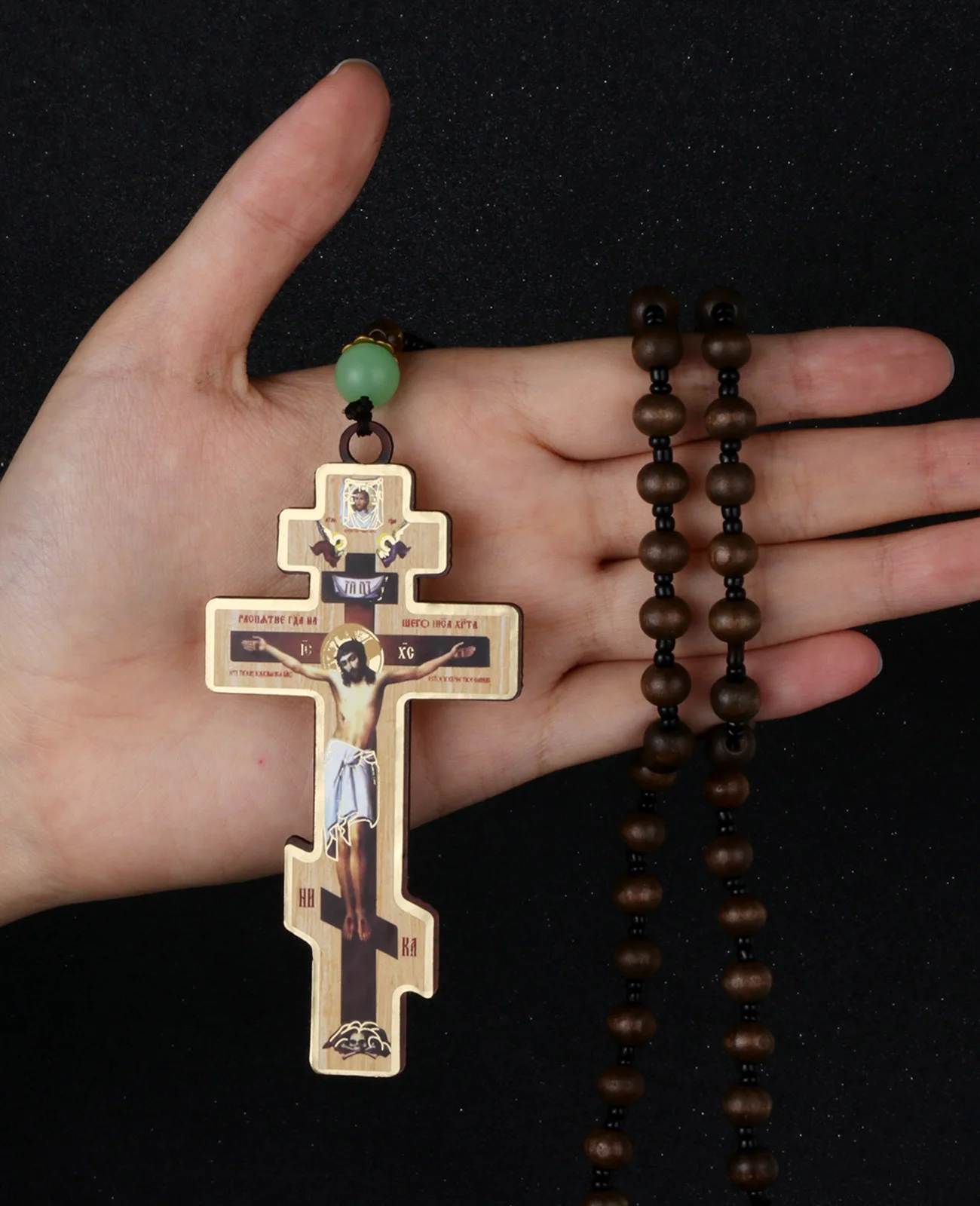 Diyalo Crucifix Jesus Christ Cross Icons Pendant Necklace Orthodox Wooden Beaded Chain Necklace Prayer Car Hanging Decor Jewelry