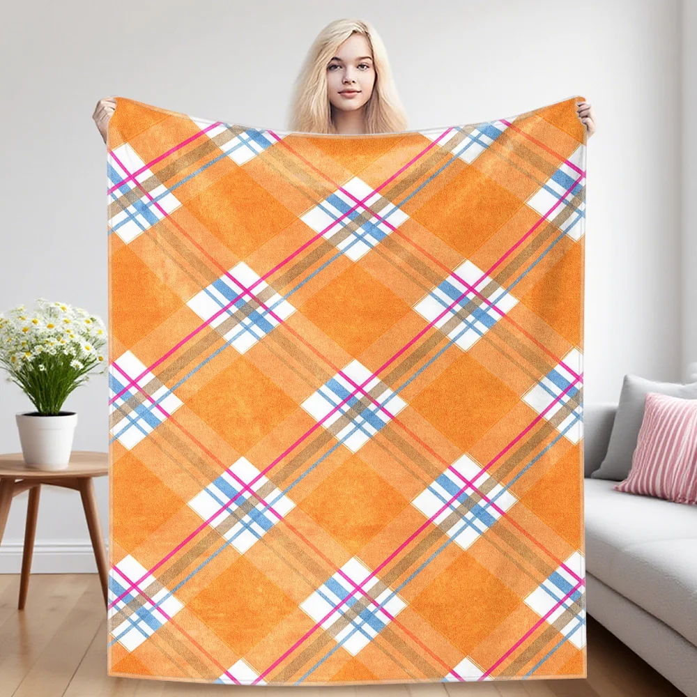 Orange Plaid Flannel Blanket, Ultra-Fine Fiber, All Season Luxurious Fluffy Blanket Suitable For Beds Or Sofas