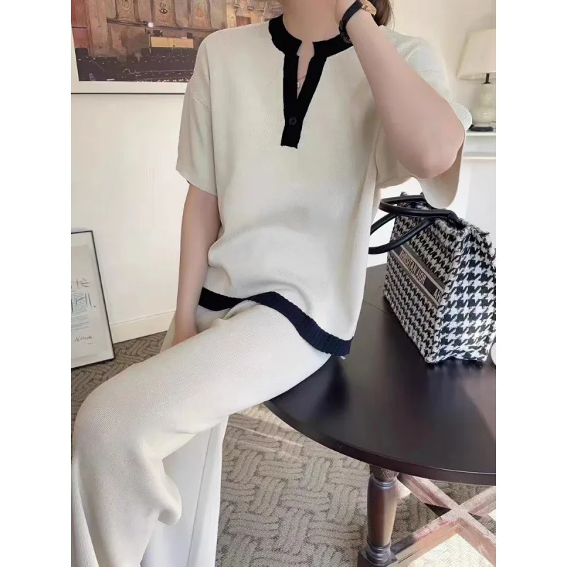 Two Piece Pant Sets Loose Fit Knit Solid V Neck Full Sleeve Tops Wide Leg Trousers Office Lady Elegant Slight Strech 2024