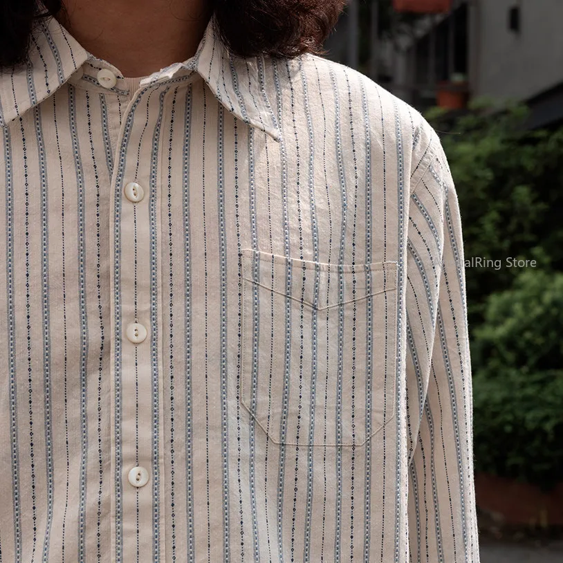 Red Tornado Men's Striped Shirt Vintage Blue White Jacquard 100% Cotton Long Sleeve Button Up Casual Work Shirt