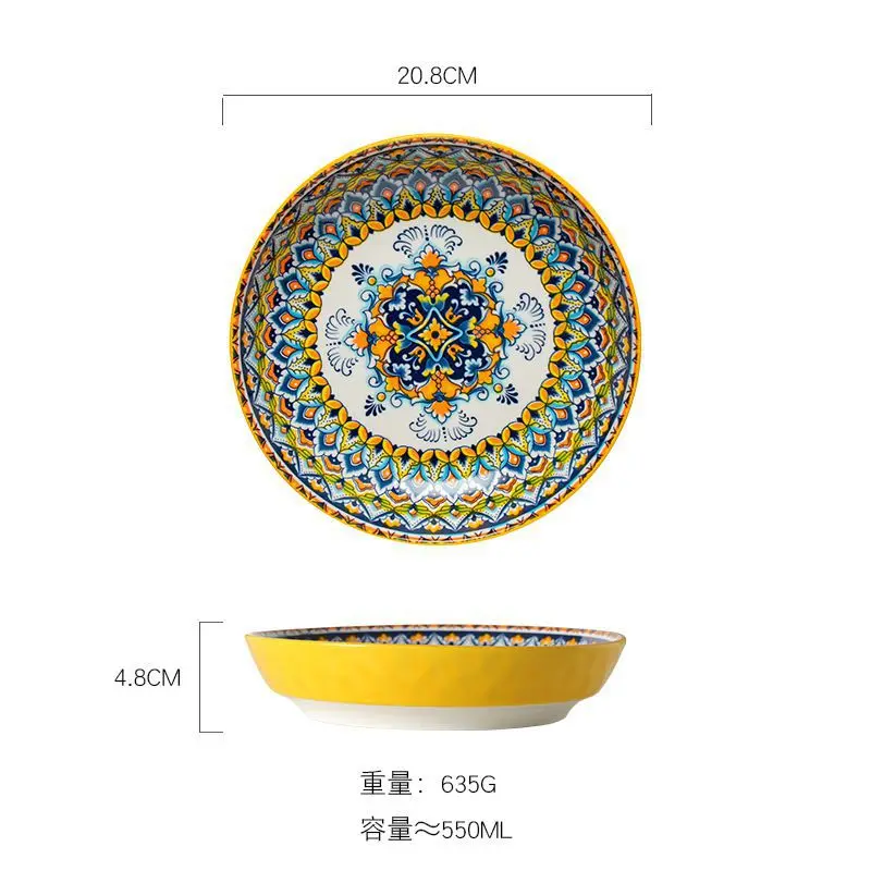 Retro Kitchen Dishes Ceramic Tableware Household Food Plate Bohemian Deep Soup Plate Stone Patterned Heavy Industry Dinner Plate