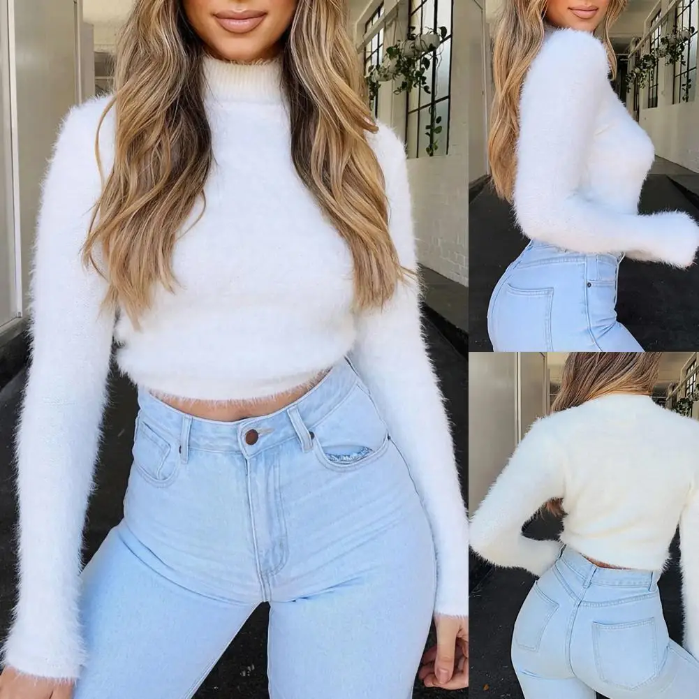 Women Autumn Winter Solid Color Long Sleeve Turtleneck Plush Crop Sweater Top Autumn Winter New Ladies Skinny Slim