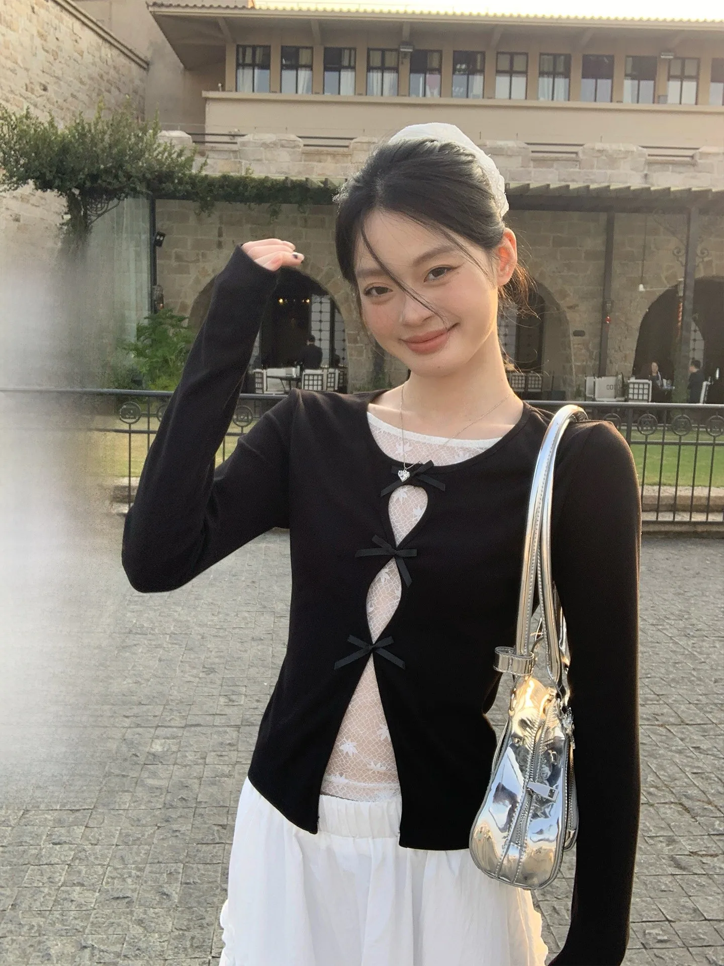 

Long Sve Hollow out Lace T-irt Women's Slim Fit Base irt Spring Versatile Commute Sle Korean Version round Ne Top