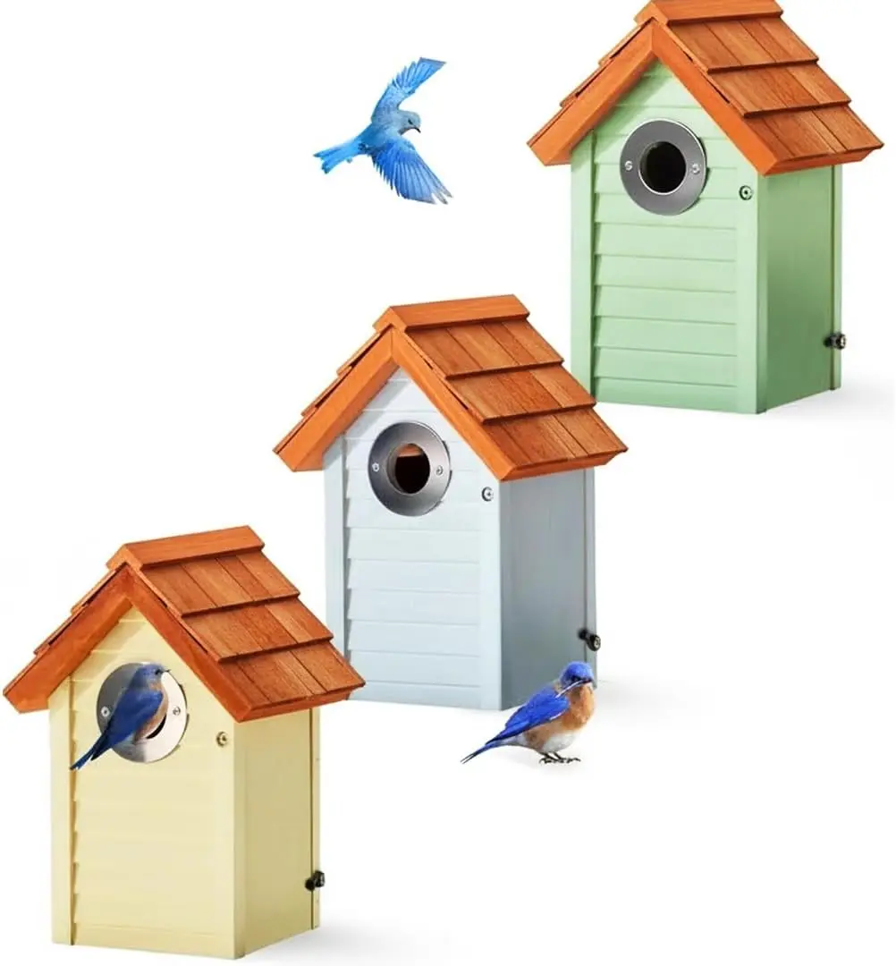 

Set of 3 Bluebird Bird Houses with Stainless Steel Guard, Cedar Roof, UV Paint - 10 Year Outdoor Durability