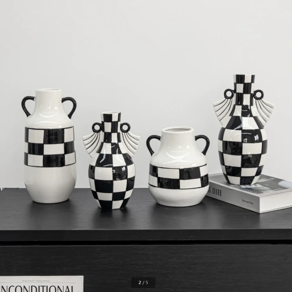 Nordic Style Art Vase Ornament Double Ear Striped Ceramic Vase Hydroponic Flower Cutting Bottle Home Decoration Flowerpot