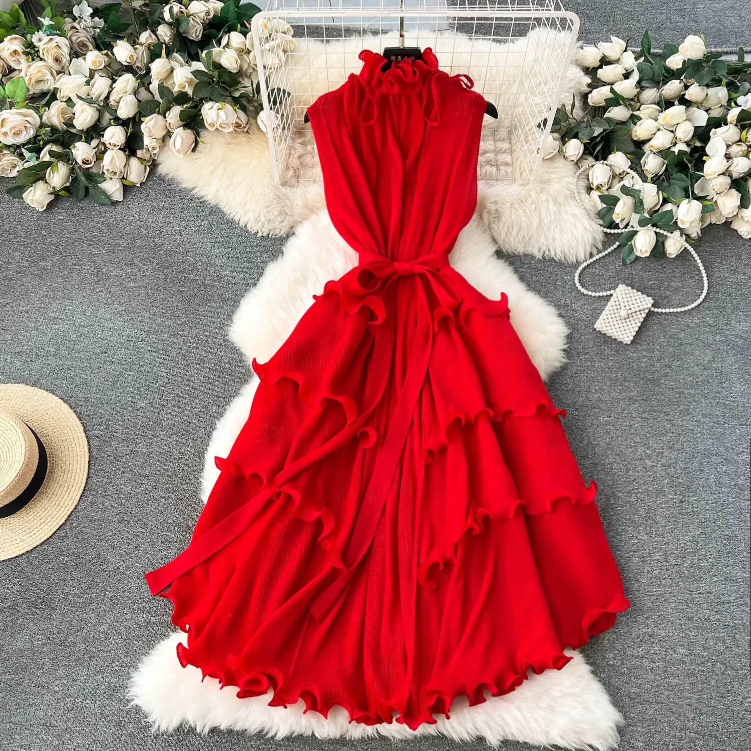 Women'S Sweet Wooden Ear Edge Slim Long Pressed Pleated Chiffon Dress Spring