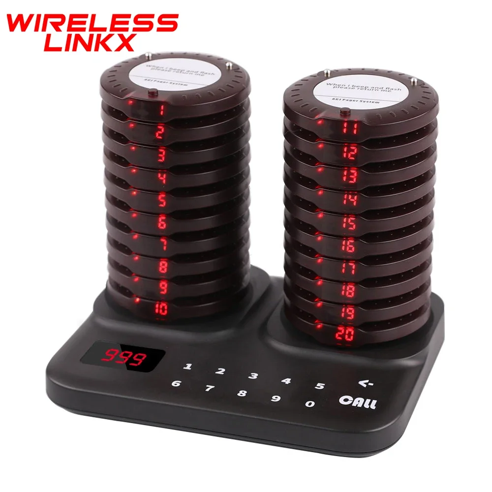 sistema de chamada de pager de cliente de restaurante sem fio base de carregamento duplo 20 beepers buzzer para caminhao de comida quadra de alimentos 01