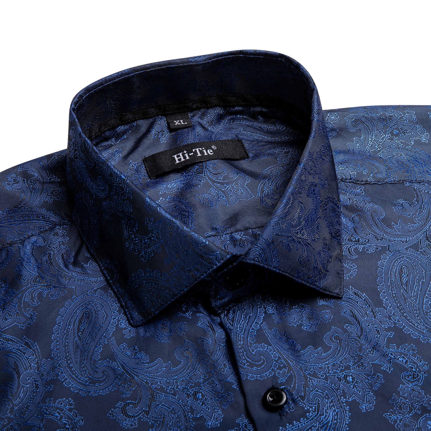 Navy Blue Mens Silk Shirts High Quality Paisley Long Sleeve Turndown Collar Brooch Shirt for Men Business Wedding Party Hi-Tie