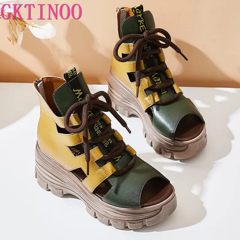 GKTINOO 2024 New Hollow Genuine Leather Sandals Women Shoes Sandals Platform Wedges Summer Shoes Woman Mixed Colors Sandals