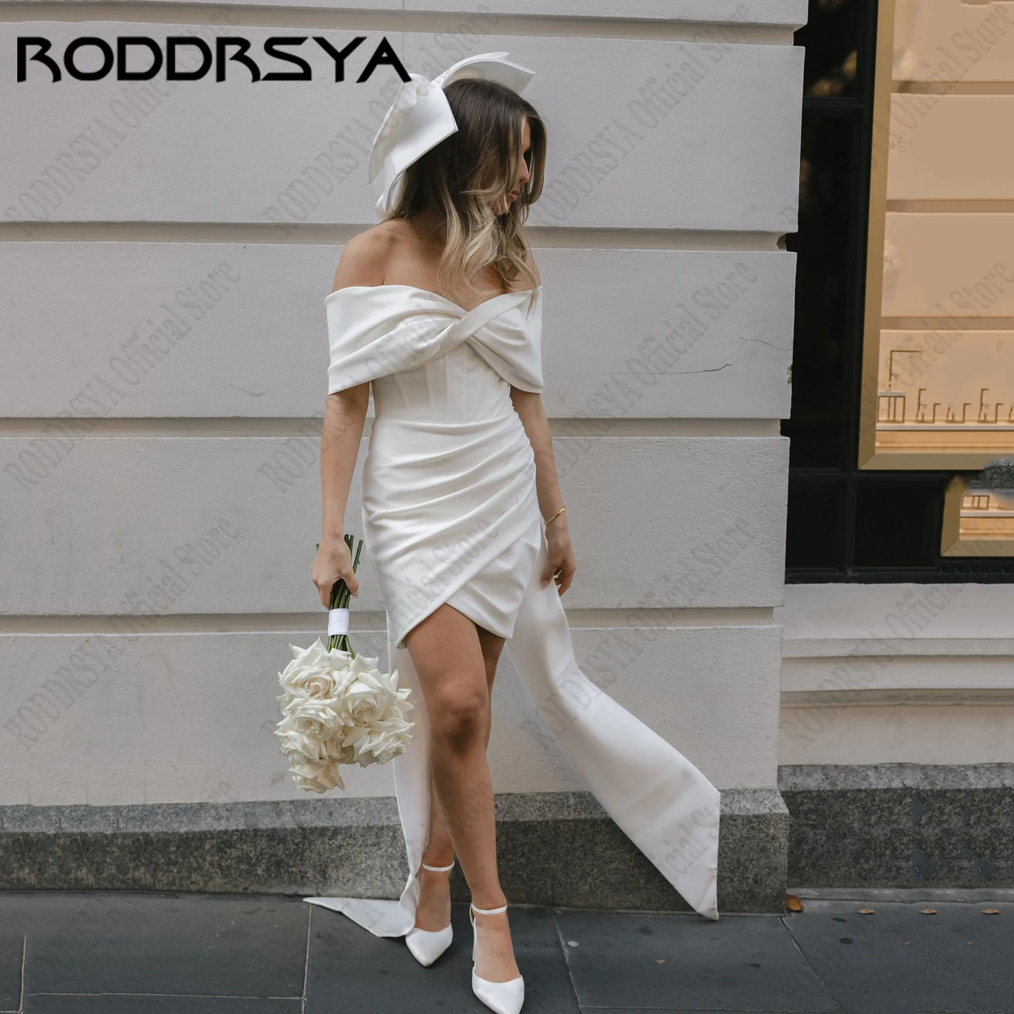 

RODDRSYA Off Shoulder Short Wedding Dresses With Detachabled Bow Backless Satin Bride Gowns Mermaid vestidos de novia Customized