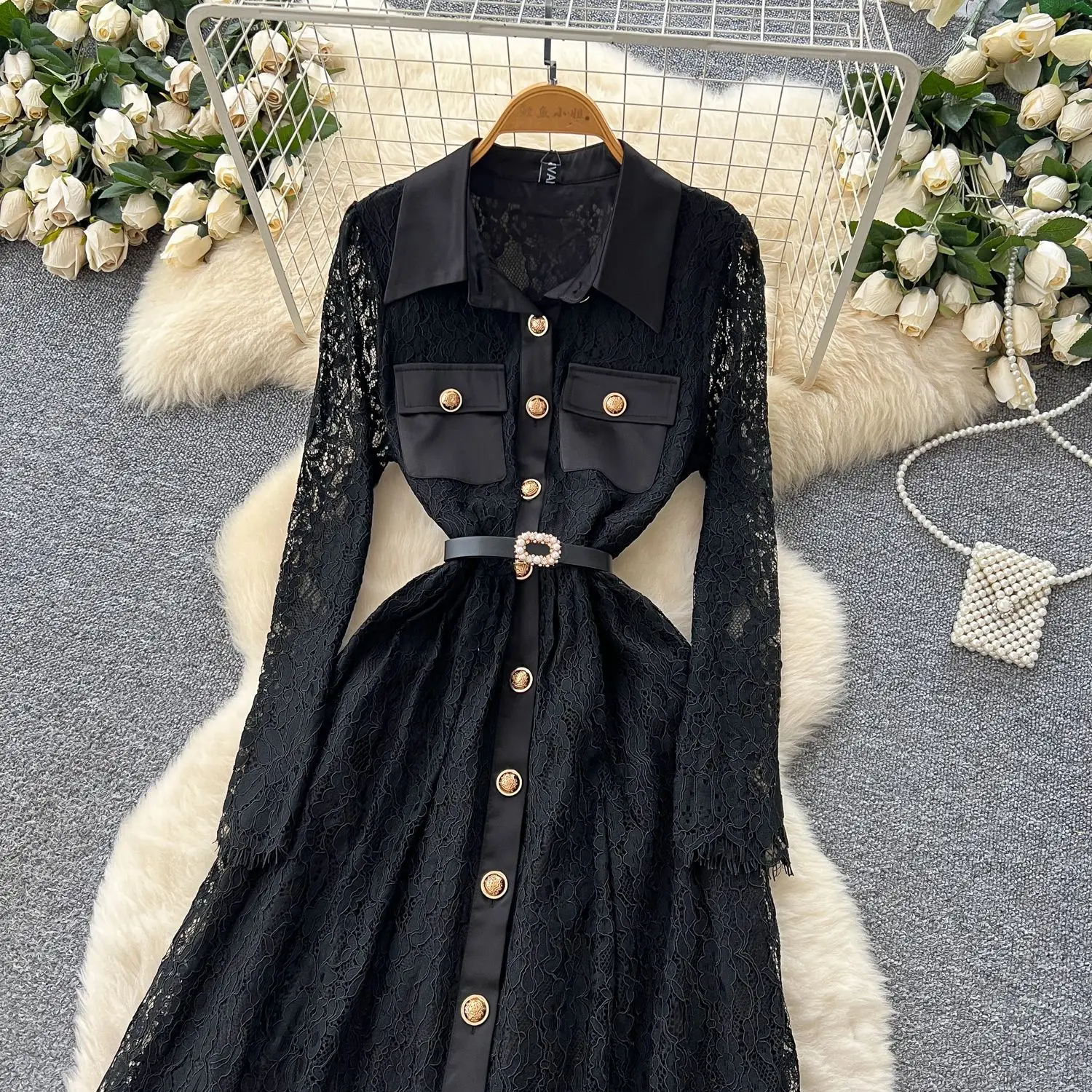 Women Tulle Dresses Lace Long Dress Apricot Wedding Ankle Lenth Full Sleeve Single Breasted Vestidos Casual Elegant 2025 Autumn