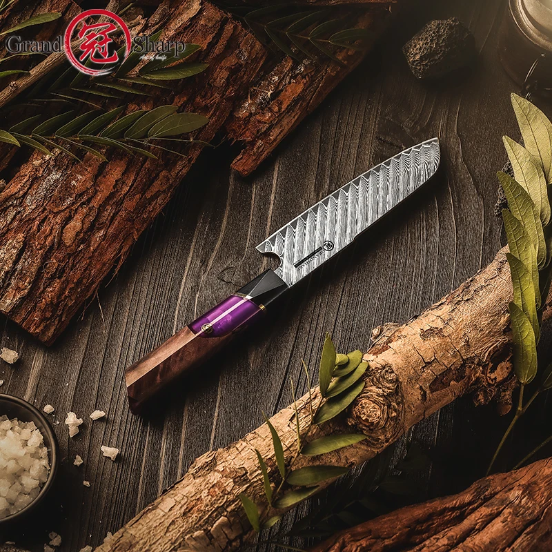 Grandsharp AUS-10 Damascus Stainless Steel 4.9 Inch Santoku Knife Professional Japanese Kitchen Chef Knives Vegetables Chopper