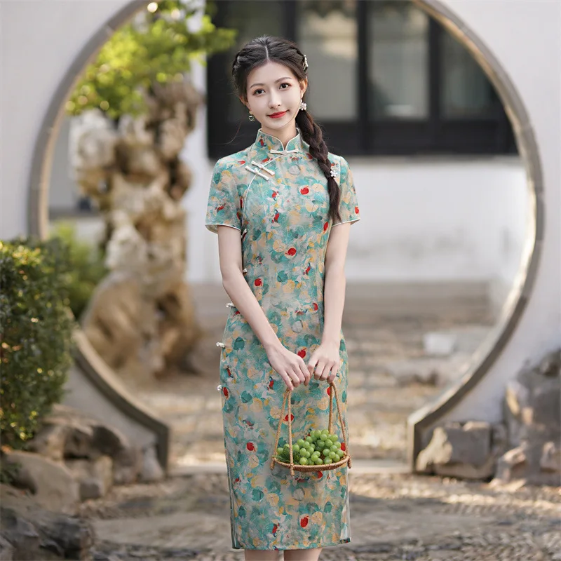 

2023 Summer New Slim Fit Retro Republican Style Improved Cheongsam Double Layer Mid Length Dress Print Short Sleeve Chinoiserie