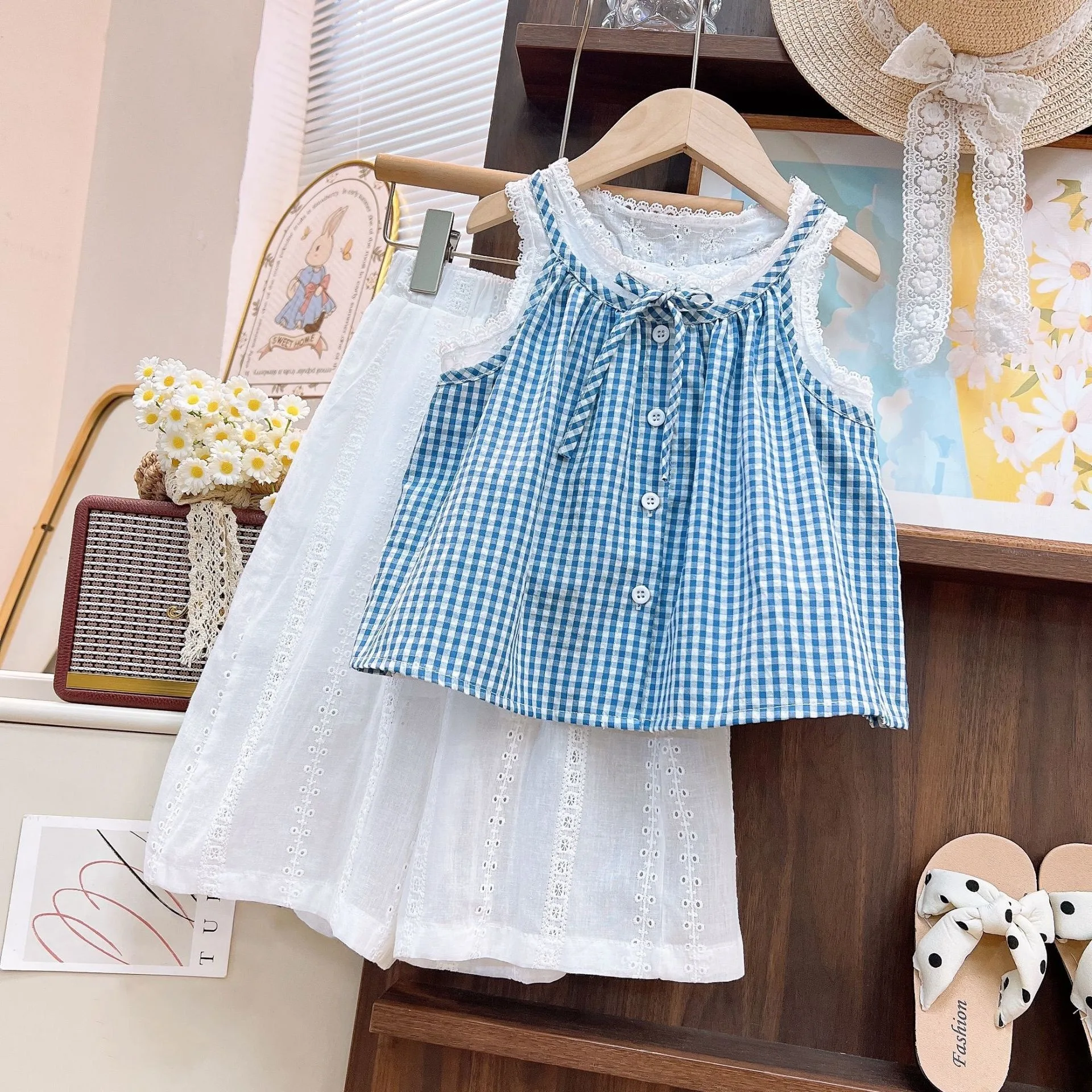 Korean Fashion Toddler Girl 2PCS Outfit 2026 Summer Trend Plaid Blouse & Wide Leg Pants Casual Set 100-140cm