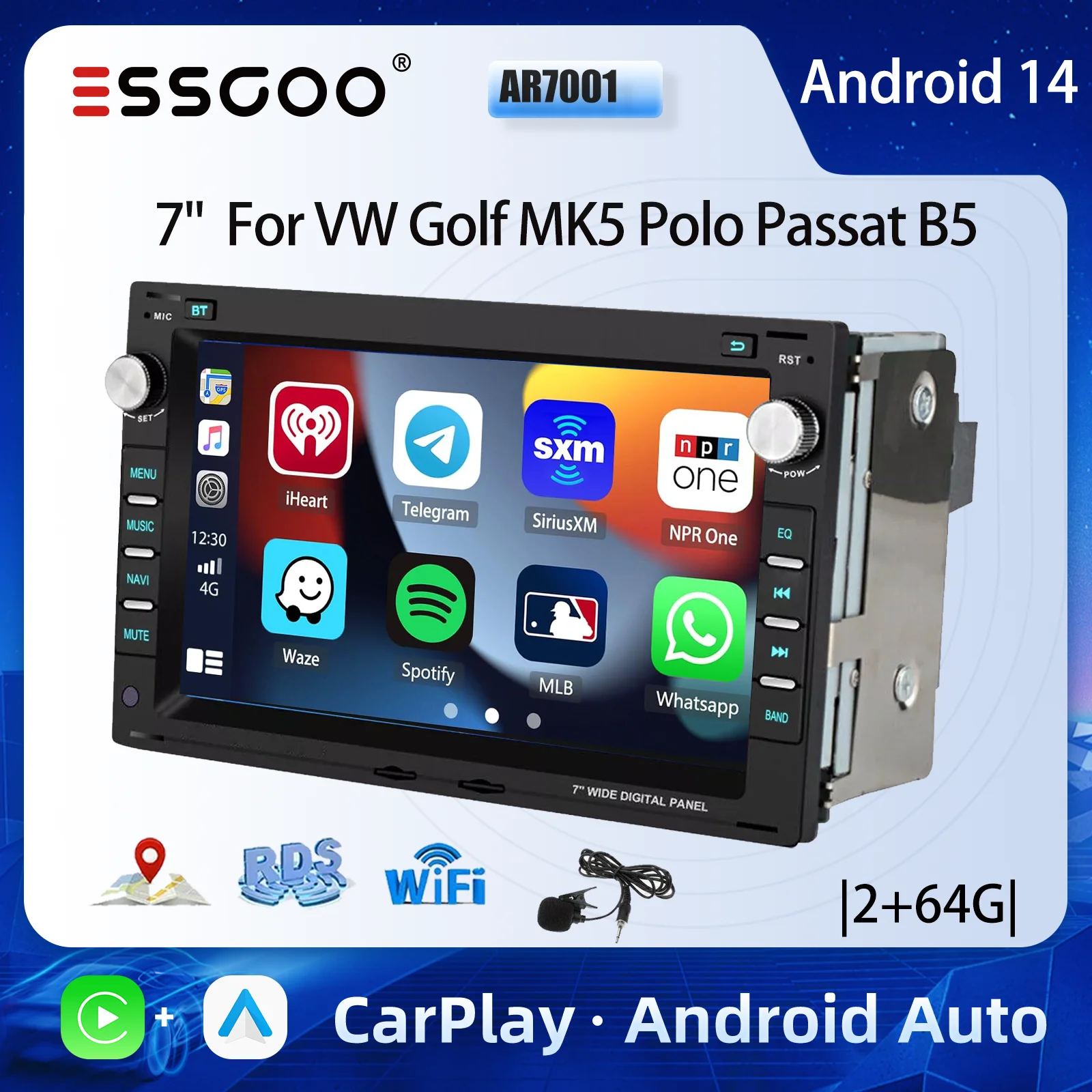 ESSGOO 7 "Android 14 Auto Stereo Radio Für Golf Jetta MK4 Polo 6N Carplay Android Auto GPS