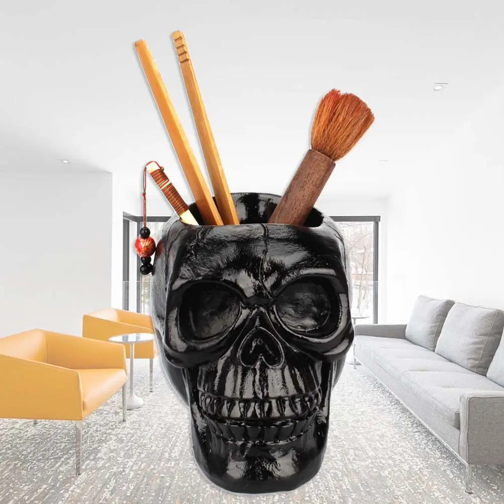 creative-skull-shape-storage-box-black-resin-sturdy-build-desktop-organizer-for-pens-cosmetics-kitchen-tools-decorative-use