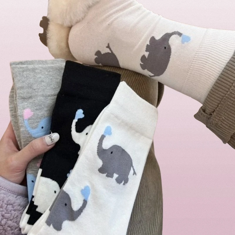 3/6 Pairs High Quality Cute Elephant Women's Socks Men Women Black White High Tube Socks Trendy Cartoon Women Girls Pile Socks