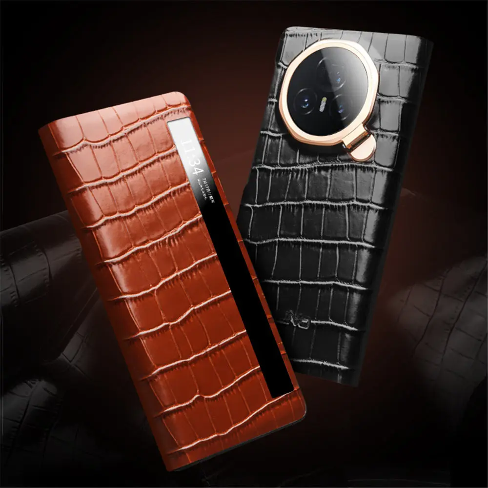 

Retro Genuine Cowhide Leather Magnetic Flip Case for Honor Magic V3 Crocodile Bracket Cover