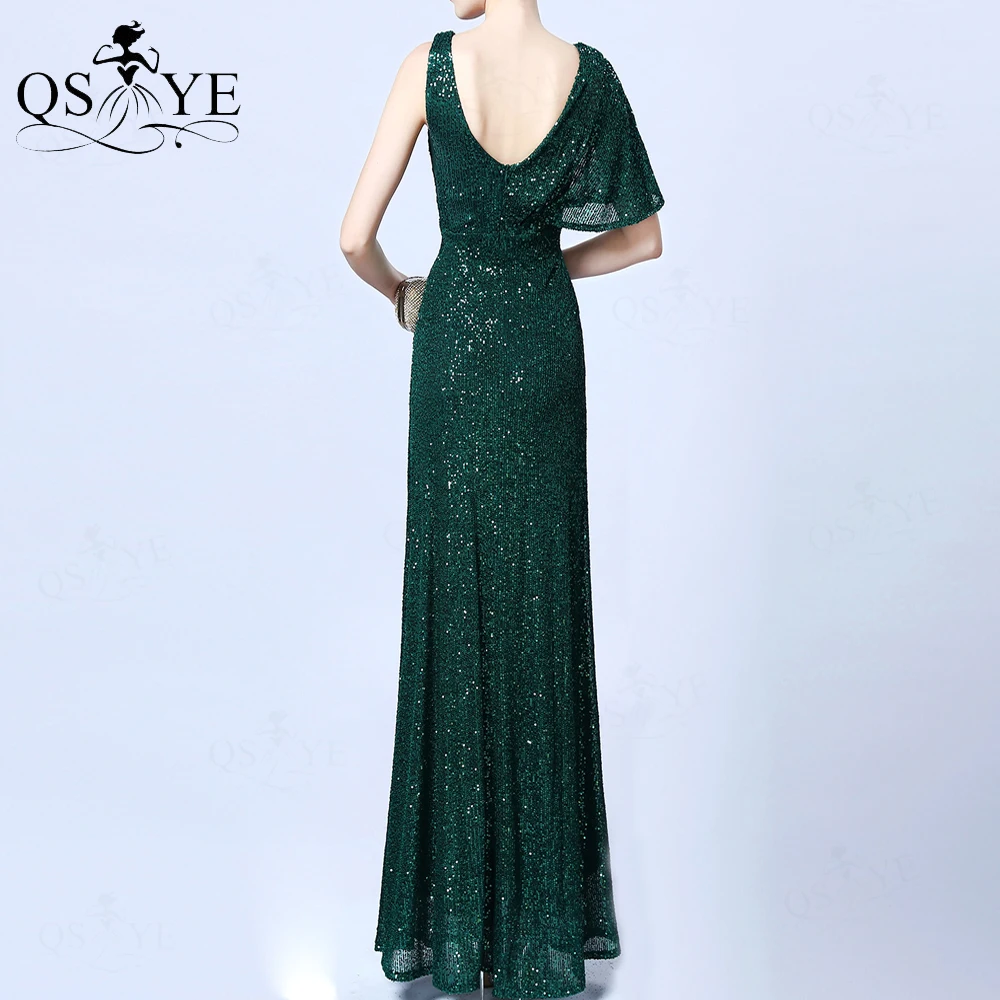 Emerald Green Evening Dresse Bat Sleeves One Shoulder Sequin A line Long Prom Gown Elegant Scoop Neck Glitter Formal Party Dress