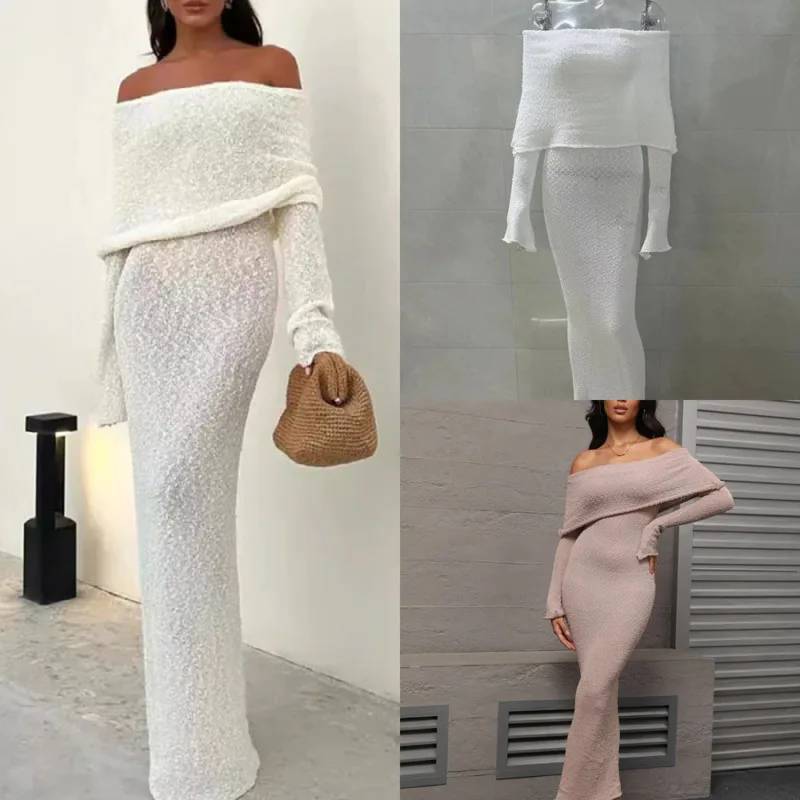 

Elegant Women Off Shoulder Long Sleeve Knit Maxi Dress Slim Fit Hollow Out Sexy Bodycon Knitted Long Dress Party Evening Outfit