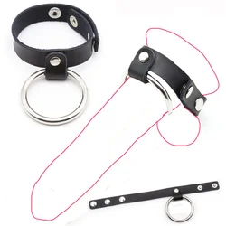 Bondage Straps Adjustable Delay Cock Ring Penis Retarded Ejaculation Sex Toys for Men Sex Metal Penis Ring with Leather Scrotum