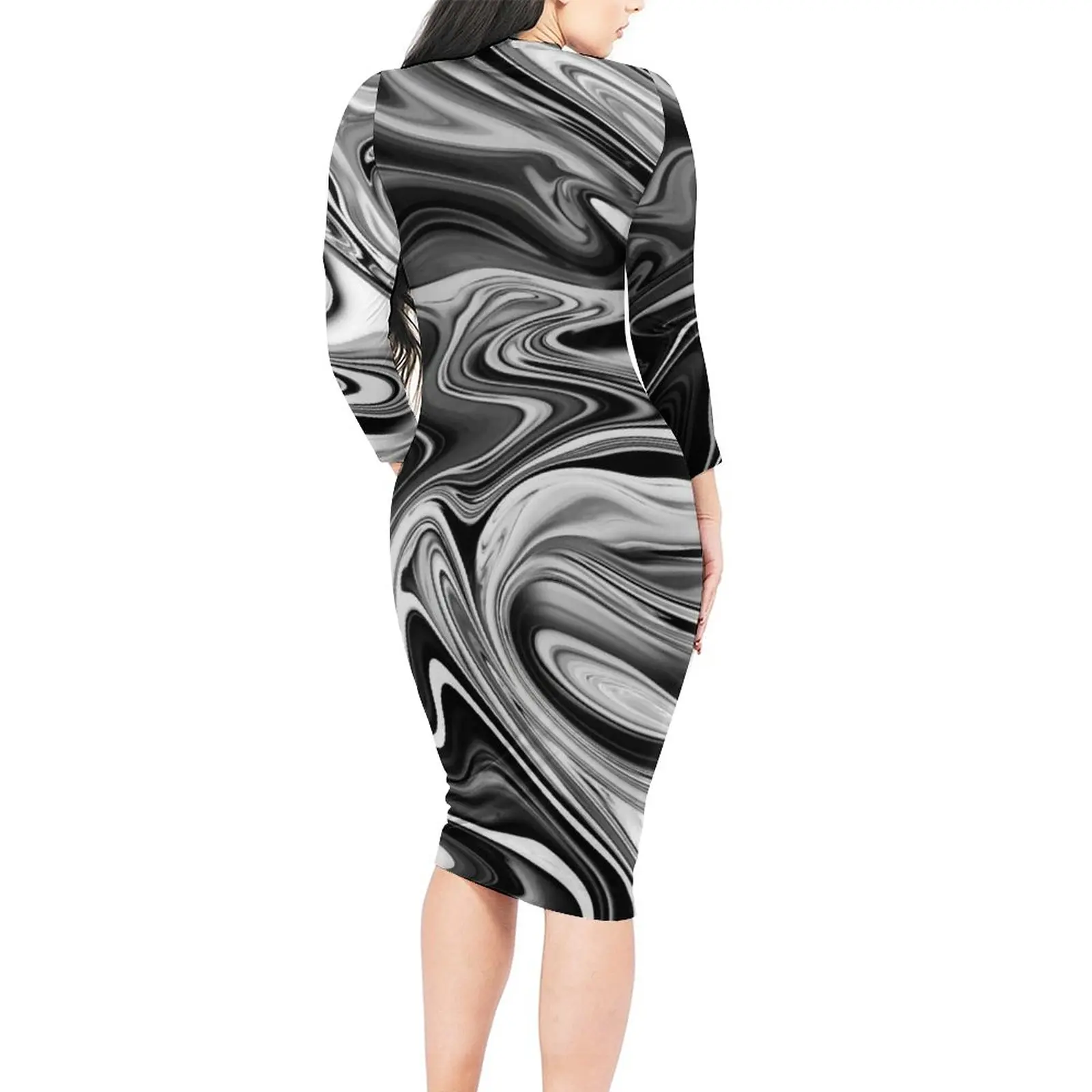 Elegant Marble Bodycon Dress Spring Liquid Black and White Stripe Sexy Dresses Womens Long Sleeve Pattern Aesthetic Dress