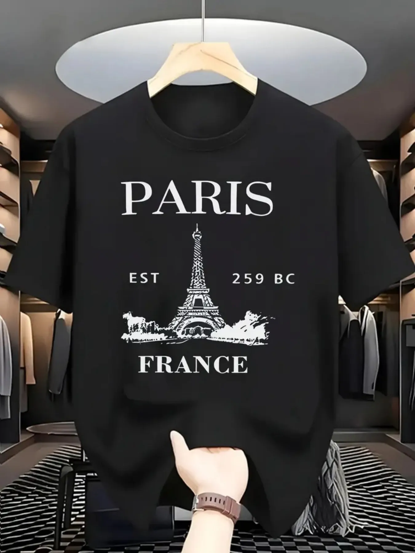 Camiseta deportiva informal holgada con estampado de París para hombre, camiseta cómoda de manga corta con cuello redondo, verano ﻿