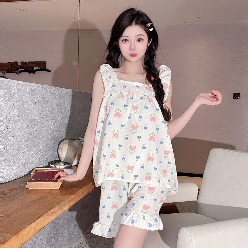 Pajama Sets Women Flowers Sweet All-match Daily Designed Basics Korean Style Leisure Trendy Summer Students Graceful Attractive