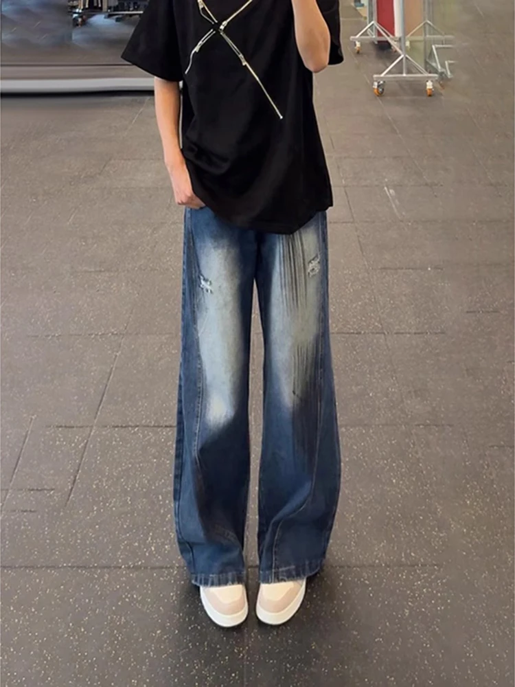 

Deep Blue Distred Knife Jeans Men's Summer High Street Waed Wide Leg Pants Loose Fit Trousers Trendy Teenage Jeans