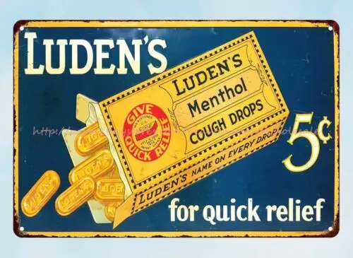 LUDEN'S 5 CENTS COUGH DROPS C. 1930 metal tin sign bathroom wall decor