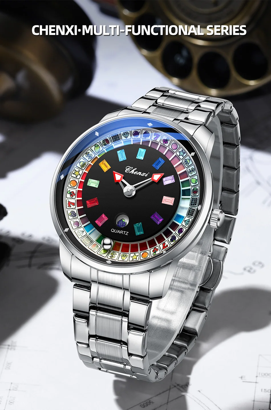CHENXI 6362 Modische Quarzuhren für Herren, Kreatives Rotierendes Zifferblatt, Leuchtend, 30M Wasserdicht, Lässige Herren-Armbanduhr, Reloj Hombre – Detail 1