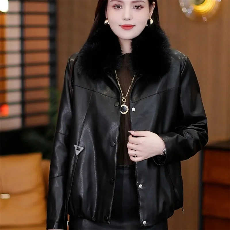 2026 خريف شتاء جديد انفصال الفراء طوق والمخملية مبطن السيدات بولي معطف معطف جلد حجم كبير فستان قصير الأم سترة
