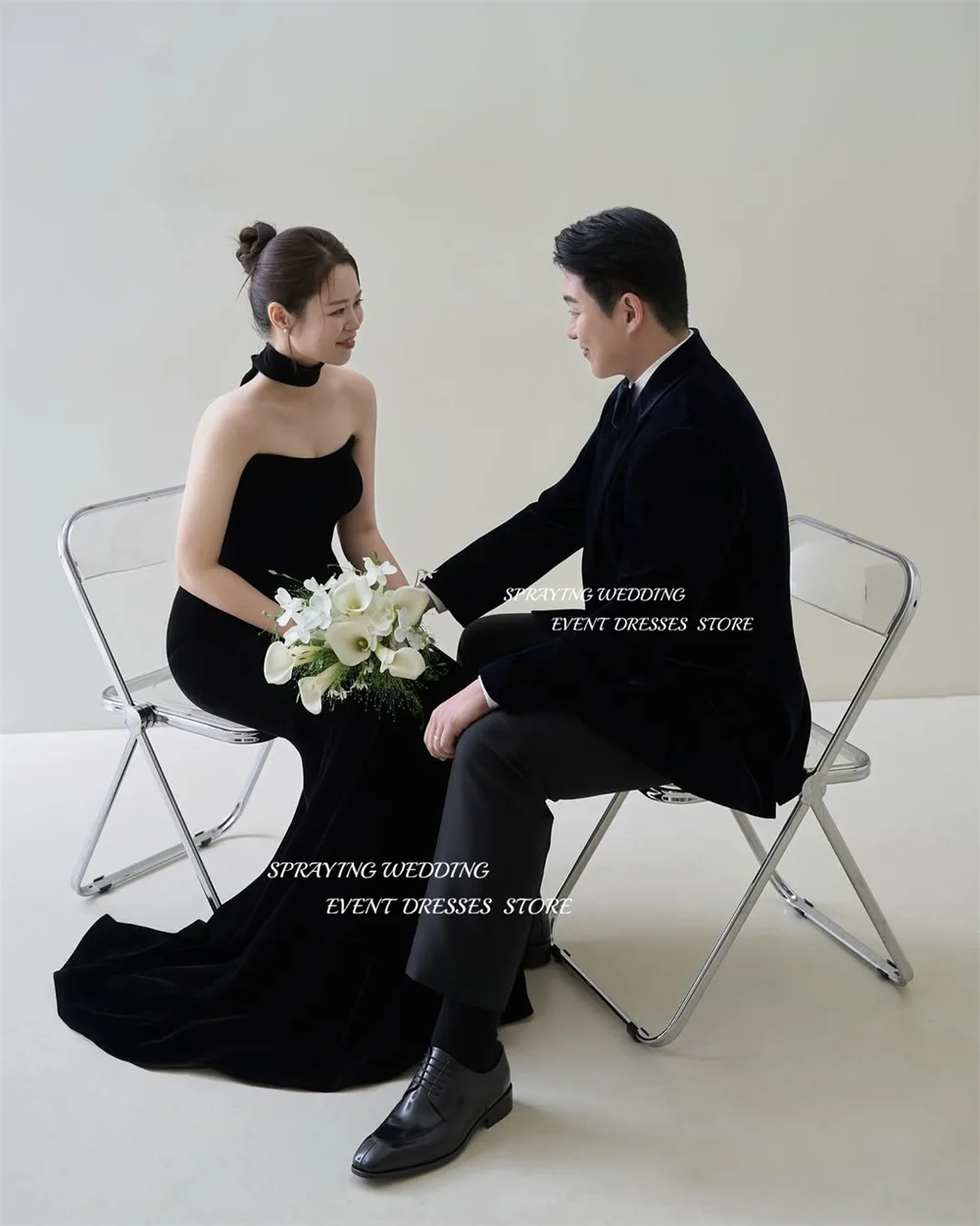 RZUTY Elegancka suknia wieczorowa o kroju syreny Korea suknia ślubna sesja zdjęciowa aksamitna czarna bez ramiączek długi gorset impreza dostosowana 2025