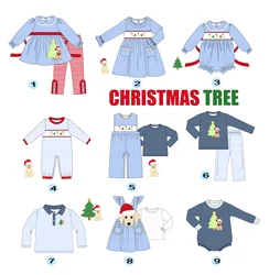 Baby Boutique Long Sleeve T-shirt Round Neck Santa And Puppy Print Girls Romper With Bow Boy Blue Top Clothes And Lattice Pants