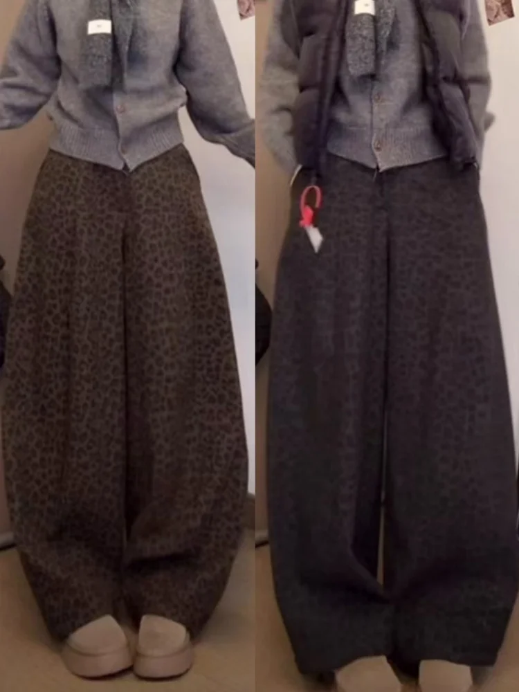 Retro leopardo impressão fce forrado calças casuais femininas outono inverno novo tamanho grande cintura alta solta emagrecimento drapeado perna larga...