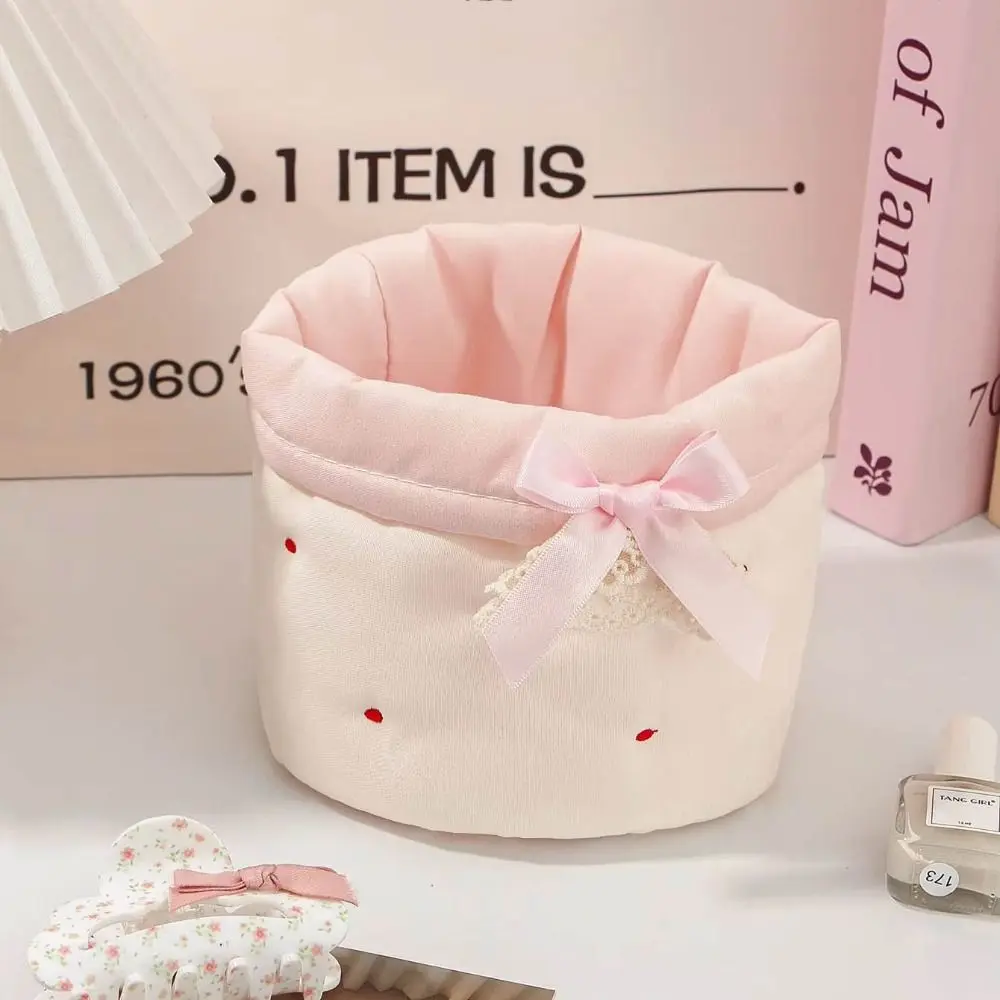 

New Love Storage Box Quilting Cotton Round Organizer Box Bow High-capacity Storage Frame Home Decoration