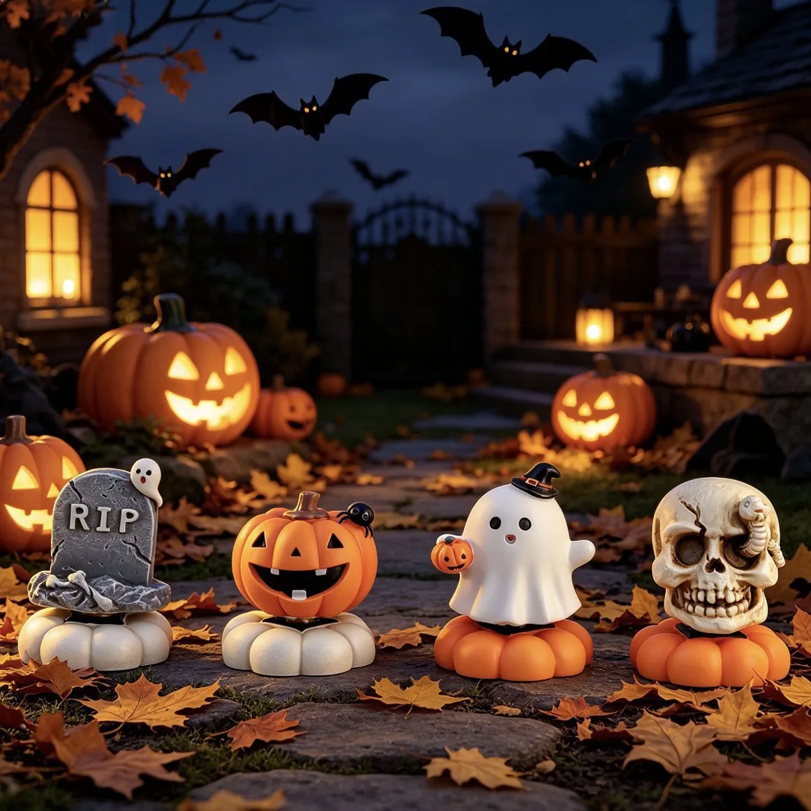 2026 New Halloween Resin Ornament Ghost Pumpkin Skull Tombstone Figurines Mini Tabletop Decoration Set for Home Bar Party Gift