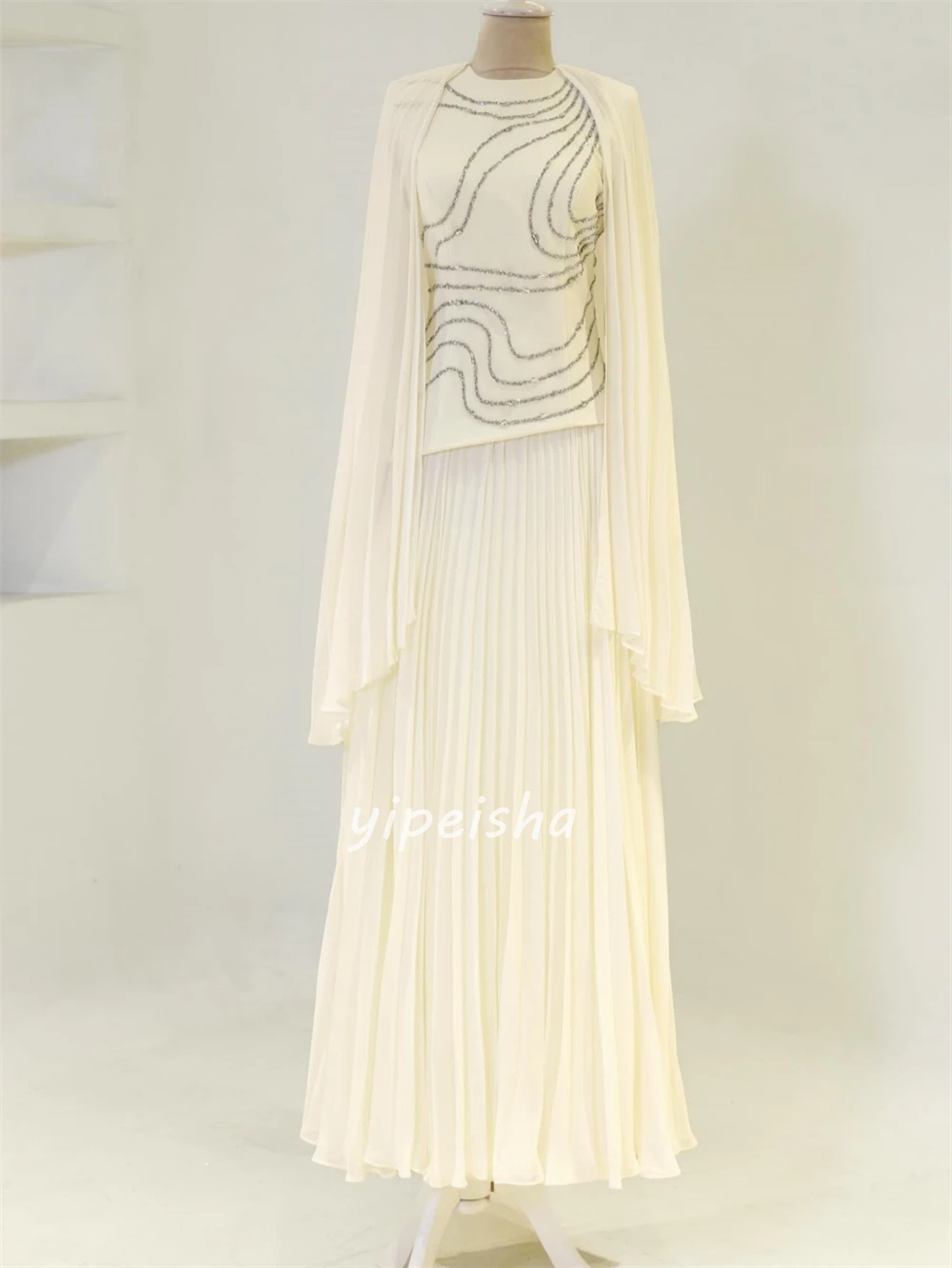 Customized Fashion Women Jersey Beading A-line Evening Dresses O-Neck Long Sleeves Ruched Party Gown Matching Floor Lenght Dress image 3