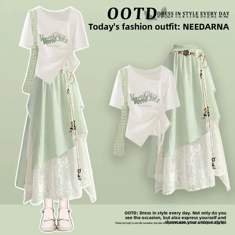 

Korean Style Green Dress Summer Outfit Beach Tindal Whole Set Breathable Cotton Short Sleeve round Neck Casual Fashion