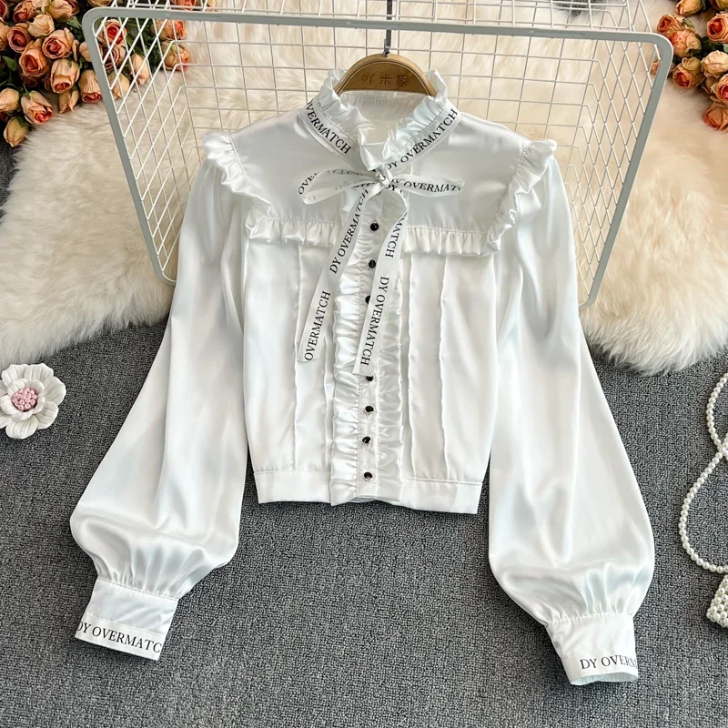 

Hikigawa Early Autumn Chic Fashion Vintage Half-high Collar Ruffled Gentle Shirt Elegant Puff Sleeve Short Blouse Tops Mujer